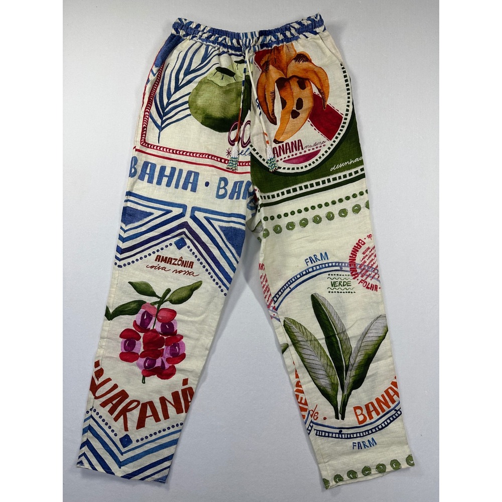 Farm Rio Stamps Linen Pants Sz M Tropical Banana Stamp Beaded Drawstring Coastal